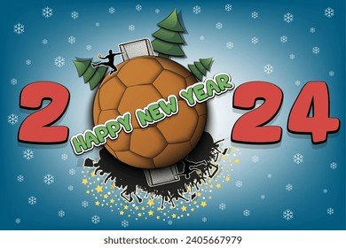 Happy new year. 2024 with handball ball, Christmas trees, handball player and fans. Original template design for greeting card, banner, poster. Vector illustration on isolated background