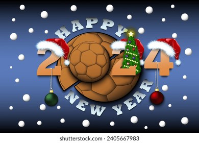 Happy new year. 2024 with handball ball. Numbers in Christmas hats with Christmas tree balls. Original template design for greeting card. Vector illustration on isolated background