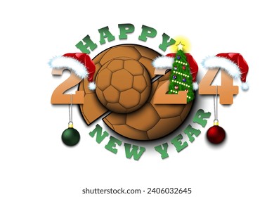 Happy new year. 2024 with handball ball. Numbers in Christmas hats with Christmas tree balls. Original template design for greeting card. Vector illustration on isolated background