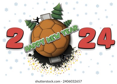 Happy new year. 2024 with handball ball, Christmas trees, handball player and fans. Original template design for greeting card, banner, poster. Vector illustration on isolated background