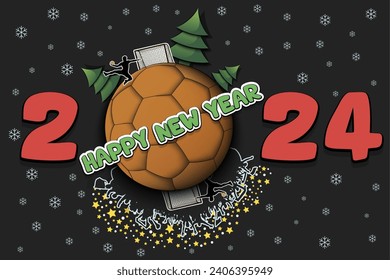 Happy new year. 2024 with handball ball, Christmas trees, handball player and fans. Original template design for greeting card, banner, poster. Vector illustration on isolated background