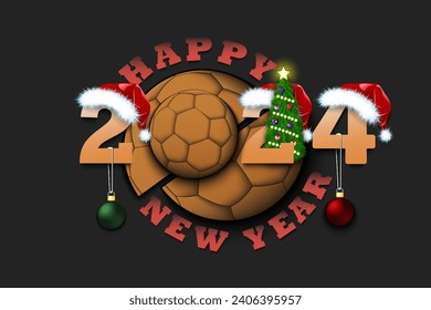 Happy new year. 2024 with handball ball. Numbers in Christmas hats with Christmas tree balls. Original template design for greeting card. Vector illustration on isolated background