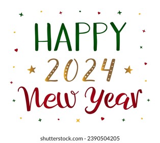 Happy New Year 2024 handwritten modern brush calligraphy. Red, green, golden calligraphic vector text decorated with hearts and stars. Isolated on wihte. Greeting card, postcard.