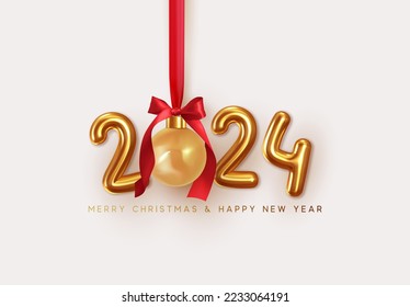 Happy New Year 2024. Hanging Realistic beige ball on red ribbon with bow. Golden metal numbers 2024. Holiday gift card. Xmas  ornaments hanging. New Year Greeting Background. Vector illustration