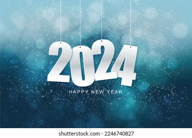 Happy new year 2024. Hanging white paper number with confetti on a colorful blurry background. Illustration for the festive New Year 2024