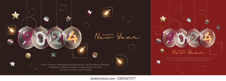 Happy new year 2024 with hanging 3D number. 2024 new year celebration with number on hanging glass circle and abstract decoration background