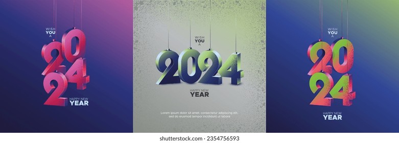 Happy new year 2024 with hanging 3D number and modern colour. 2024 new year celebration square template