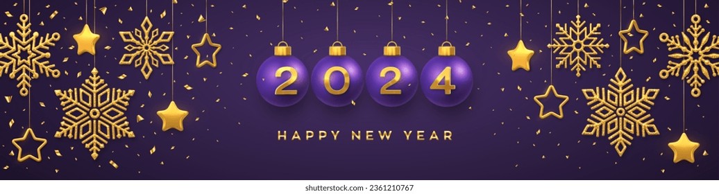 Feliz Año Nuevo 2024. Colgando bolas de baudible Purple Christmas con números realistas dorados 3d 2024. Copos de nieve dorados y estrellas metálicas 3D sobre fondo rojo. Banner de vacaciones, cabecera. Ilustración vectorial