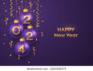 Happy New Year 2024. Hanging purple Christmas bauble balls with realistic golden 3d numbers 2024 and glitter confetti. Greeting card Holiday Xmas and New Year poster banner, flyer. Vector Illustration