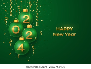 Happy New Year 2024. Hanging green Christmas bauble balls with realistic golden 3d numbers 2024 and glitter confetti. Greeting card Holiday Xmas and New Year poster banner, flyer. Vector Illustration