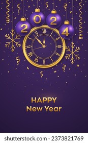 Happy New Year 2024. Hanging purple Christmas bauble balls with realistic gold 3d numbers 2024 and snowflakes. Watch with Roman numeral and countdown midnight eve for New Year. Merry Christmas. Vector