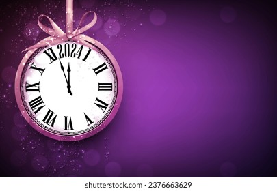 Happy new year 2024 hanging countdown clock on purple abstract glittering background with blurred sparkles. Vector illustration.