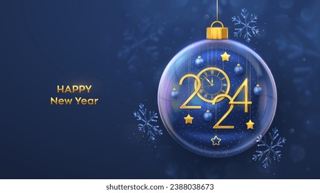 Happy New Year 2024. Hanging Golden numbers 2024, stars, watch with Roman numeral and countdown midnight, in a transparent glass ball on blue background. Greeting card, banner, poster, flyer. Vector.