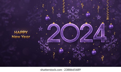 Happy New Year 2024. Hanging glitter ice numbers 2024 with shimmering snowflakes, stars, balls, confetti on purple background. New Year greeting card, banner, flyer, poster. Vector illustration.