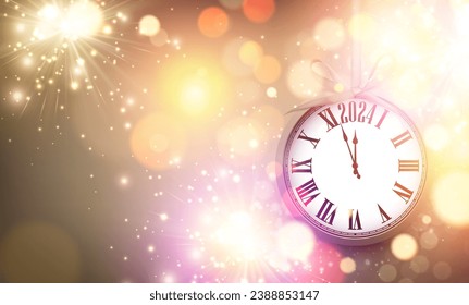 Happy new year 2024 hanging countdown clock on golden abstract glittering background with blurred sparkles and fireworks. Vector illustration.