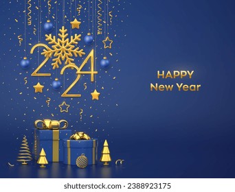 Happy New Year 2024. Hanging golden metallic numbers 2024 with snowflake, stars and balls on blue background. Gift boxes and golden metallic pine or fir, cone shape spruce trees. Vector illustration.