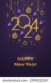 Happy New Year 2024. Hanging Golden metallic numbers 2024 with shining 3D metallic stars, balls, confetti on purple background. New Year greeting card, banner template. Realistic Vector illustration.