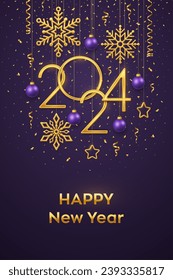 Happy New Year 2024. Hanging Golden metallic numbers 2024 with shining snowflakes, 3D metallic stars, balls and confetti on purple background. New Year greeting card or banner template. Vector.