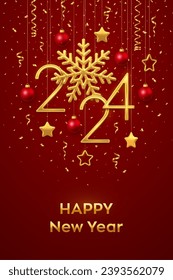 Happy New Year 2024. Hanging Golden metallic numbers 2024 with shining snowflake and confetti on red background. New Year greeting card or banner template. Holiday decoration. Vector illustration.