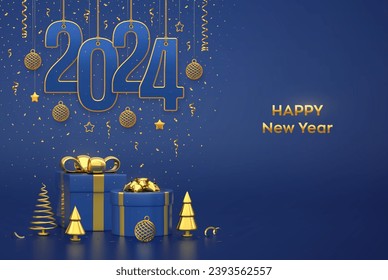 Feliz Año Nuevo 2024. Colgando en las cuerdas doradas número 2024 con bolas 3D brillantes, estrellas, confetti sobre fondo azul. Cajas de regalo, copos de nieve y abetos de pino metálico dorado con forma de cono. Vector.