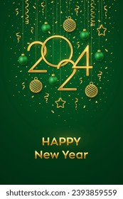 Happy New Year 2024. Hanging Golden metallic numbers 2024 with shining 3D metallic stars, balls, confetti on green background. New Year greeting card, banner template. Realistic Vector illustration.