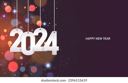 Happy new year 2024. Hanging white paper number with confetti on a colorful blurry background.