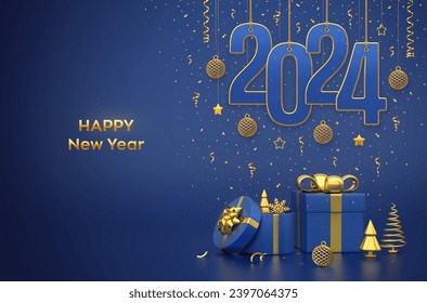 Happy New Year 2024. Hanging on gold ropes numbers 2024 with shining 3D balls, stars, confetti on blue background. Gift boxes, snowflake and golden metallic pine fir cone shape spruce trees. Vector.