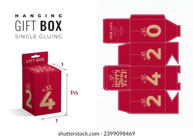 Happy New Year 2024 Hanging Gift Box Die Cut One and Half Height Template with Preview - Blueprint Layout with Cutting and Scoring Lines over Gold Lettering on Red - Vector Packaging Design