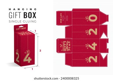 Happy New Year 2024 Hanging Gift Box Double Height Die Cut Template with 3D Preview - Blueprint Layout with Cutting and Scoring Lines over Gold Lettering on Red - Vector Packaging Design