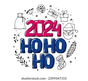 Happy New Year 2024 Ho Ho Ho lettering in groovy style and Christmas sketch element in doodle style for greeting card, poster, sticker. Winter greeting typography. Holiday quote on white background.