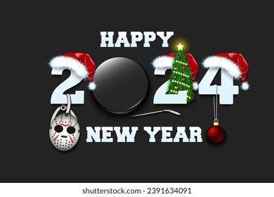 Happy new year. 2024 with hockey puck. Numbers in Christmas hats with hockey mask and Christmas tree ball. Original template design for greeting card. Vector illustration on isolated background