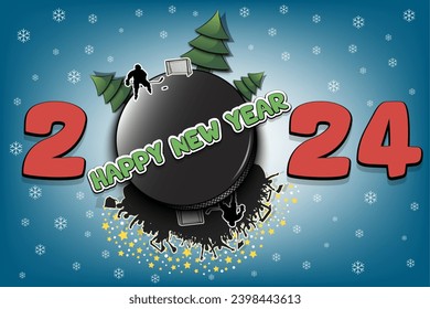 Happy new year. 2024 with hockey puck, Christmas trees, football player and fans. Original template design for greeting card, banner, poster. Vector illustration on isolated background