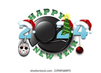 Happy new year. 2024 with hockey puck. Numbers in Christmas hats with mask, hockey stick and Christmas tree ball. Original template design for greeting card. Vector illustration on isolated background