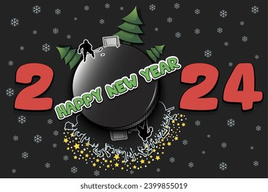 Happy new year. 2024 with hockey puck, Christmas trees, football player and fans. Original template design for greeting card, banner, poster. Vector illustration on isolated background