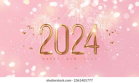 Happy new year 2024 holiday background with 3d gold numbers 2024, fireworks and Christmas lights in pink and gold colors. Vector illustration