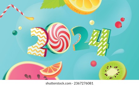 Happy new year 2024 holiday background with 3d numbers 2024 and pieces of fruits in juicy colors. Vector illustration