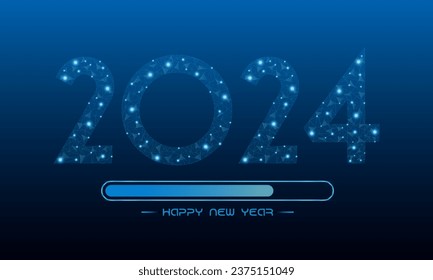 Happy new year 2024. Holiday concept for banner with low poly wireframe with futuristic glowing polygonal style. Polygonal wireframe and low poly vector illustration on dark blue background.