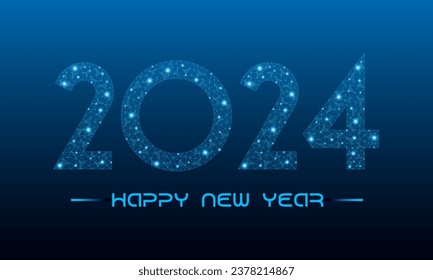 Happy new year 2024. Holiday concept for banner with low poly wireframe with futuristic glowing polygonal style. Polygonal wireframe and low poly vector illustration on dark blue background.