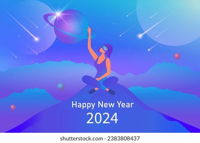Happy New Year 2024. Holidays celebration galaxy background vector illustration