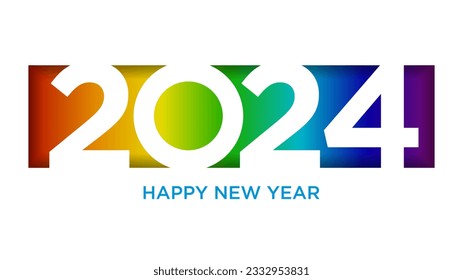 Happy new year 2024, horizontal banner. Brochure or calendar cover design template. Vector art of cutting paper on rainbow background.