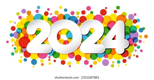 A Happy New Year 2024 horizontal banner. Decorative concept. Greeting card design. Creative colorful icon, modern white paper number 20 24. White background. Abstract texture with transparency.