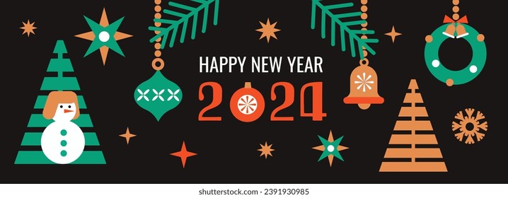 Feliz Año Nuevo 2024, banner horizontal. Diseño geométrico moderno de moda con bolas de Navidad y decoración.