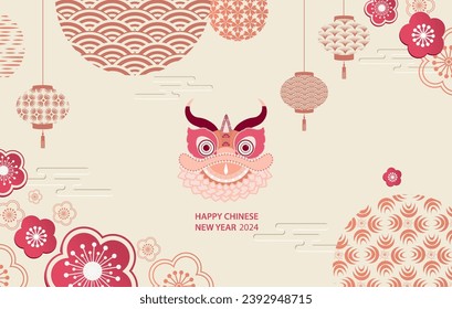 Happy New Year 2024. Horizontal banner with Chinese New Year elements. Chinese lanterns with patterns in a modern style, geometric decorative patterns Vector illustration