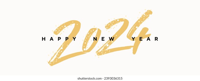 Happy New Year 2024 horizontal banner or header for website, greeting card or poster. 2024 logo text design with handwritten gold numbers 2024 and sparkling star confetti isolated on white background