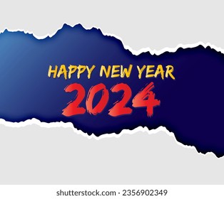 Happy New Year 2024 Illustration on Torn Paper for New Year celebration 2024, Isolated Blue background with torn paper revealing 2024 Happy New Year