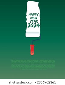 Happy New Year 2024 Illustration on Wall Paint theme for New Year celebration 2024, Isolated green background with paint brush painting 2024 Happy New Year Typography on green background