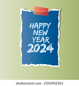 Happy New Year 2024 Illustration on Torn Paper for New Year celebration 2024, a torn paper frame on the wall