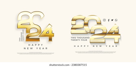 happy new year 2024. with illustration of two 3d bold gold numbers. premium vector design for posters, banners, calendars and media.