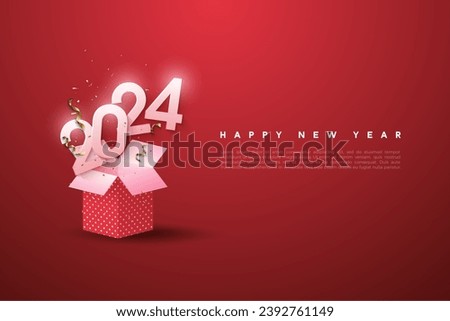 happy new year 2024 with illustration of a celebratory number coming out of a gift box. design premium vector. [[stock_photo]] © 