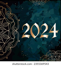 Happy New Year 2024 illustration.Vector illustration for the New Year 2024 with gold decor on an abstract color background.